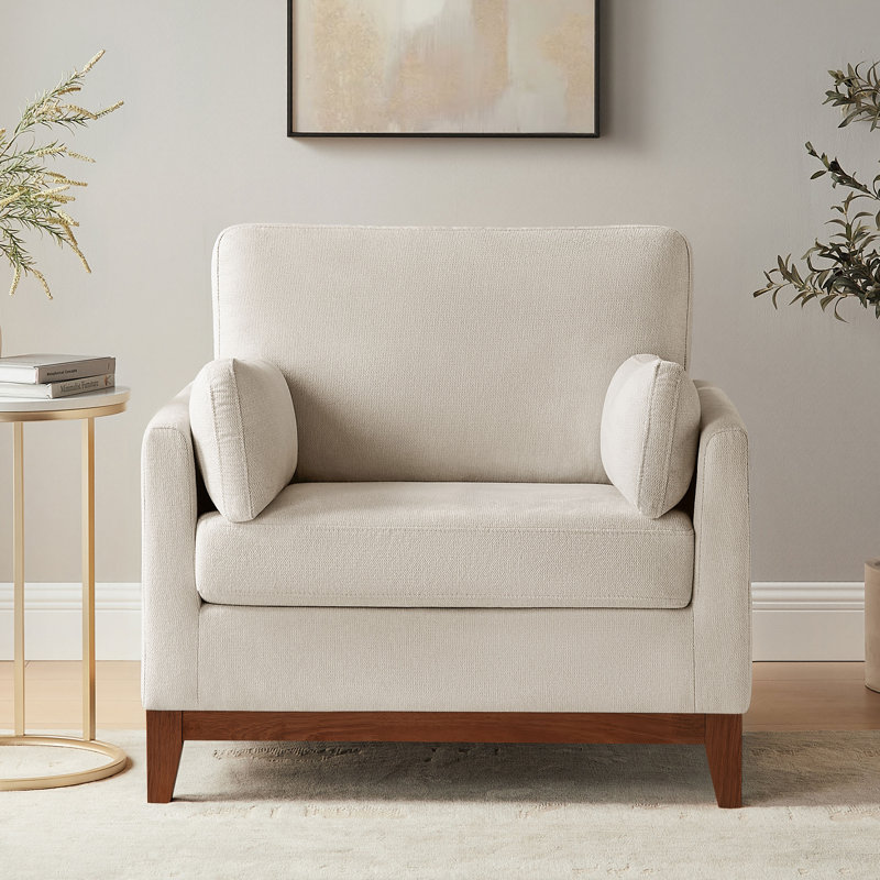 Chenille Accent Chair With Solid Rubberwood Legs, Smoke White
