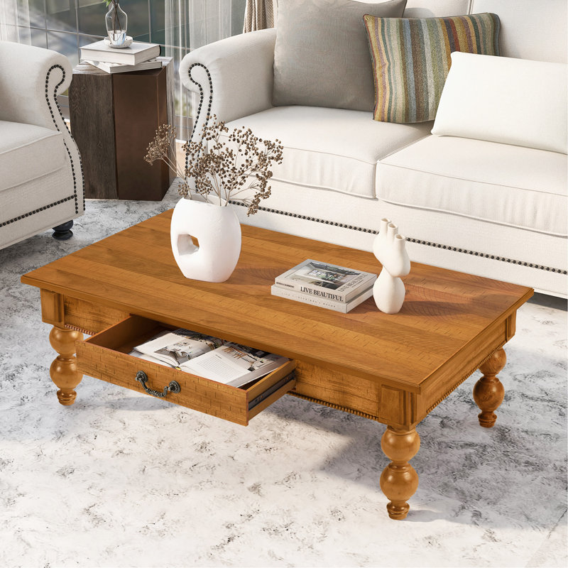 Table basse rectangulaire en bois avec tiroir de rangement, table de cocktail rétro avec pieds en forme de gourde pour le salon, assemblage sans outils