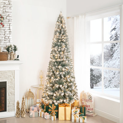 Slim Snow Flocked Pre-Lit Christmas Tree – Frosted Pencil Tree with Lights