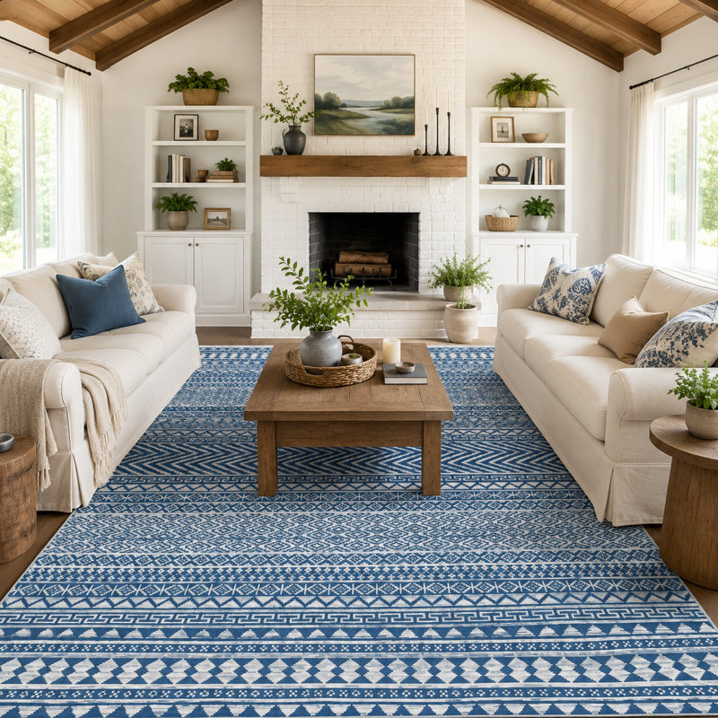 Tapis géométrique Boho pour la maison et le bureau, Blue, Rectangle 9' x 12'