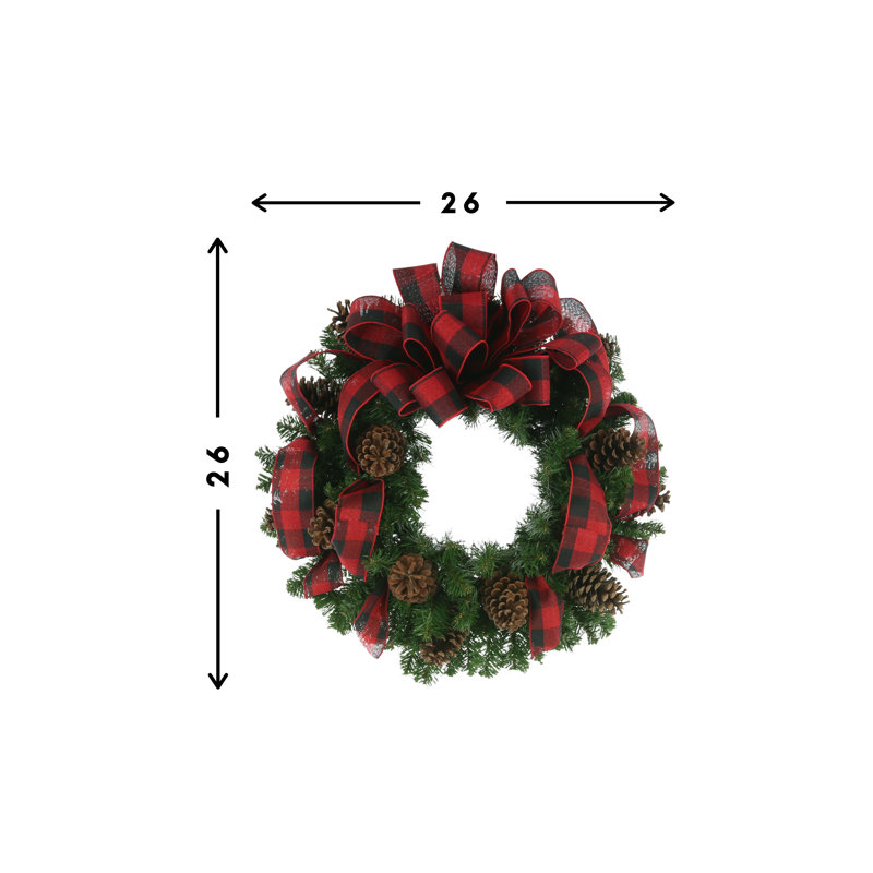 26" Pine Christmas Wreath With A Large Bow, Black, Red