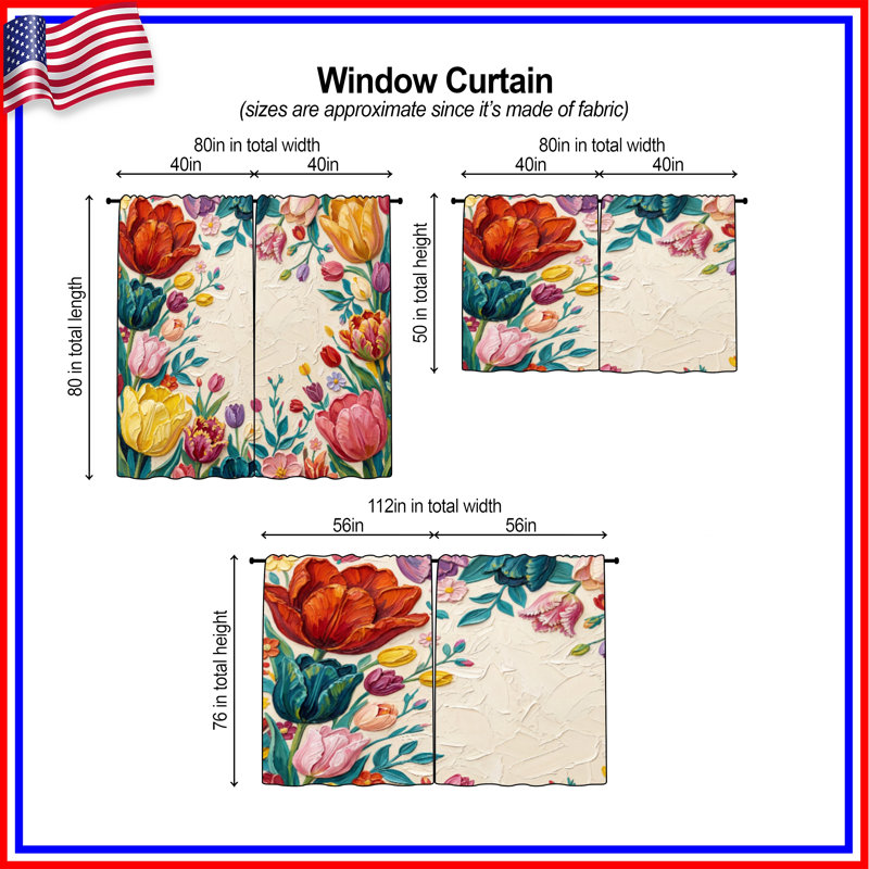 Rideau de fenêtre à motif floral coloré et fleurs obscurcissant - 2 panneaux, 40in x 61in - 2 panels, Sheer