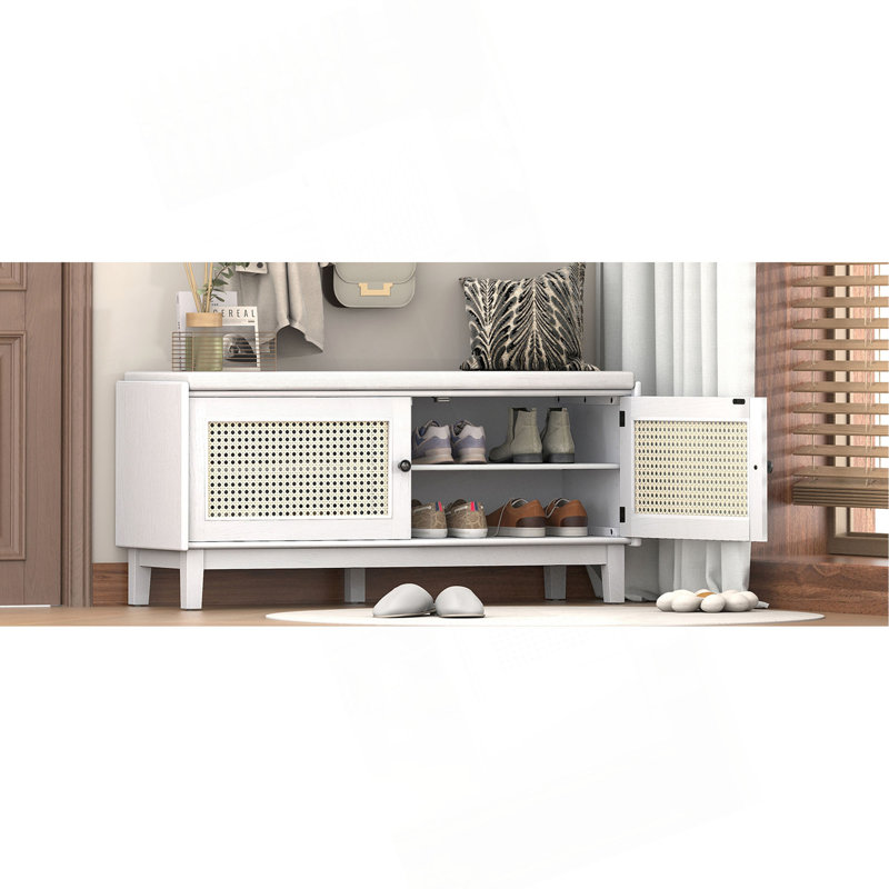 Banc d'entrée en rotin avec rangement Boho, Blanc