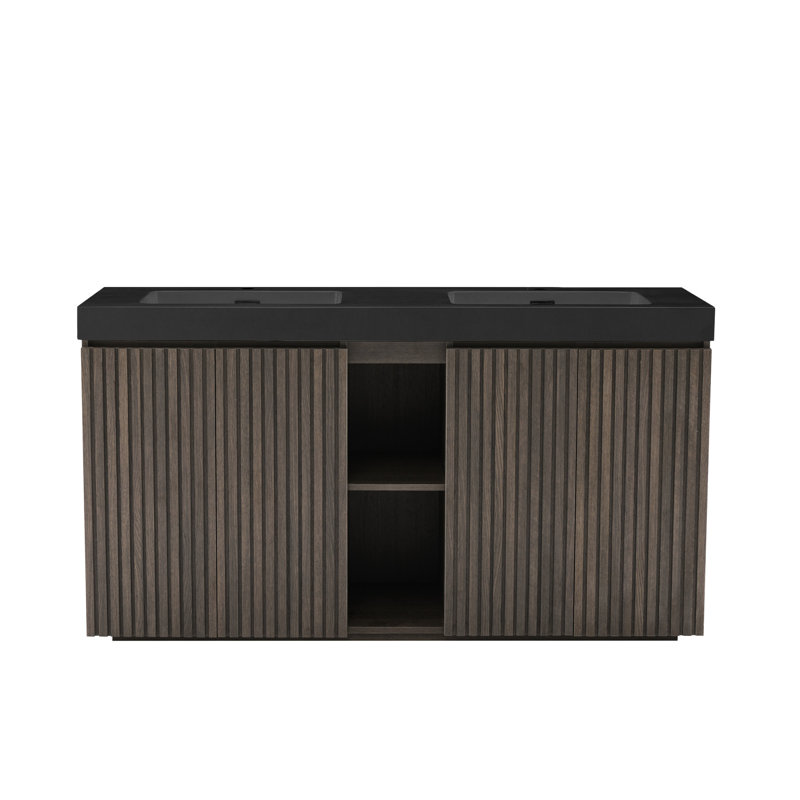 Meuble-lavabo sur pied en chêne fumé Galan
