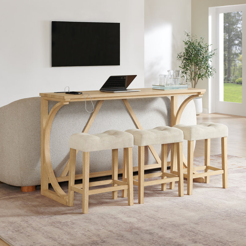 Ensemble de table multifonction 59 po avec station de charge intégrée et trois tabourets rembourrés, Chêne clair, Chêne clair