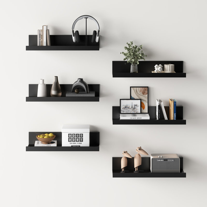 Set 6 Floating Wall Mounted Wooden Shelves, Shelves For Wall Decor, Black, Black