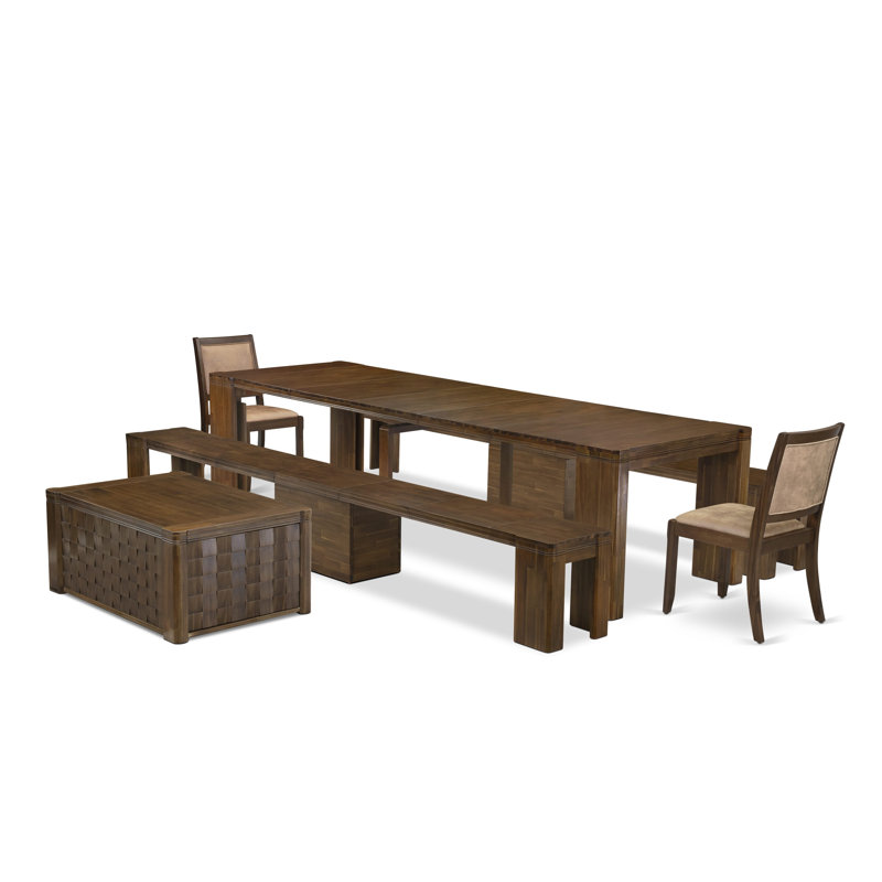 L'ensemble de table de salle à manger 6 pièces comprend une table de cuisine rectangulaire extensible, 1 table basse, 2 chaises empilables en polyester et 2 bancs, noyer antique