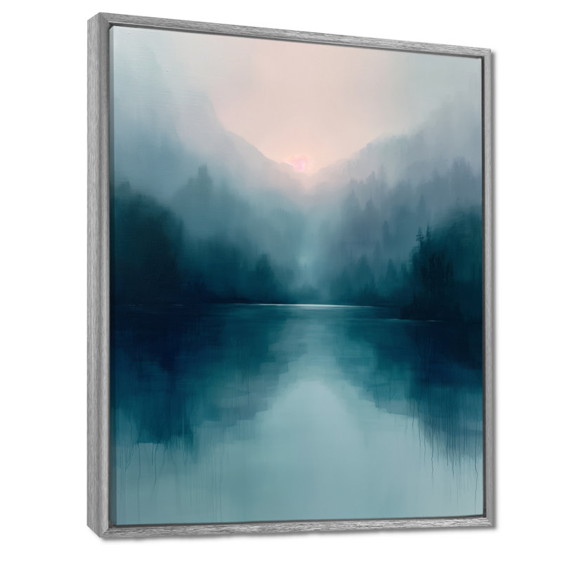Monochromes gris, bleu, pluie, montagne, hiver, jours II - lac, art mural, salon, Encadrement argenté, 30" H x 40" W