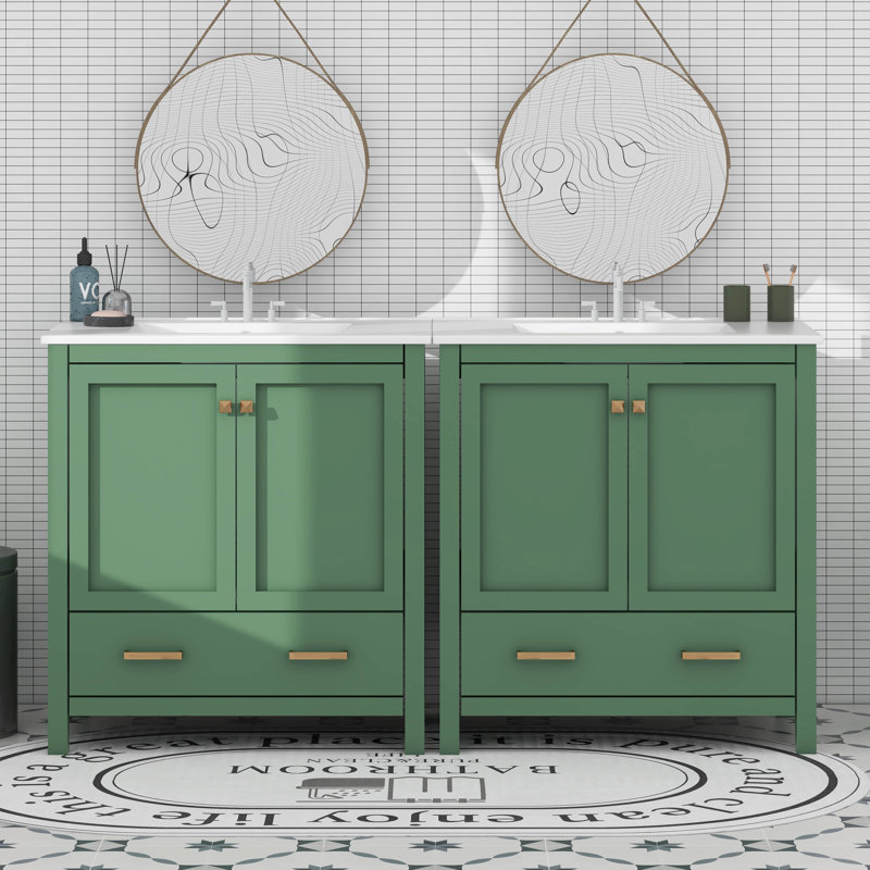 Ensemble de meuble-lavabo 60 po avec double meuble-lavabo et double lavabo en céramique, tiroirs divisés, Bleu