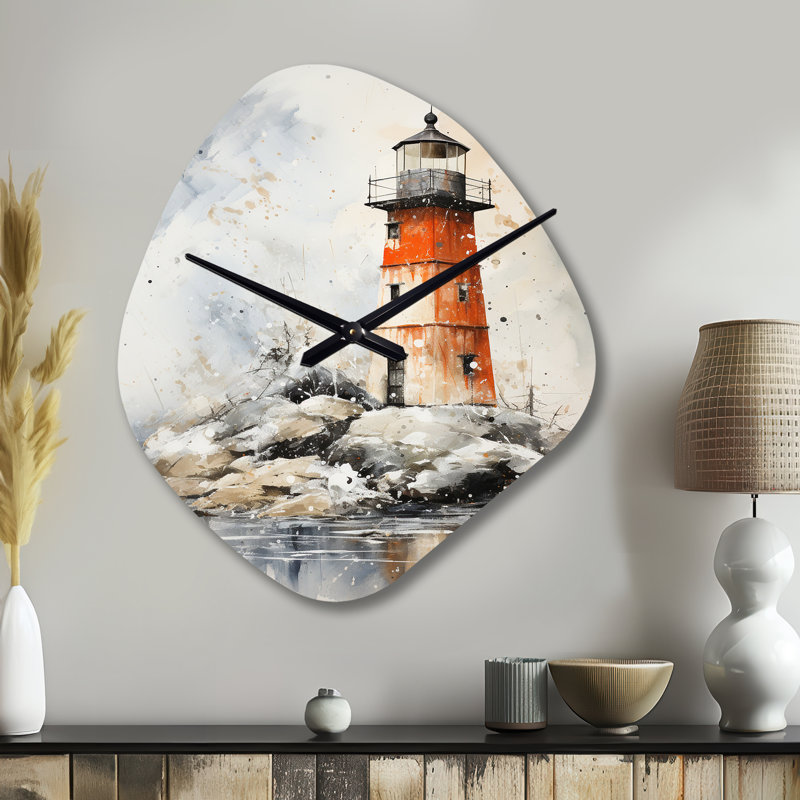 Horloge murale de forme unique en forme de phare, "Lighthouses By The Cliff II", corail, Petit