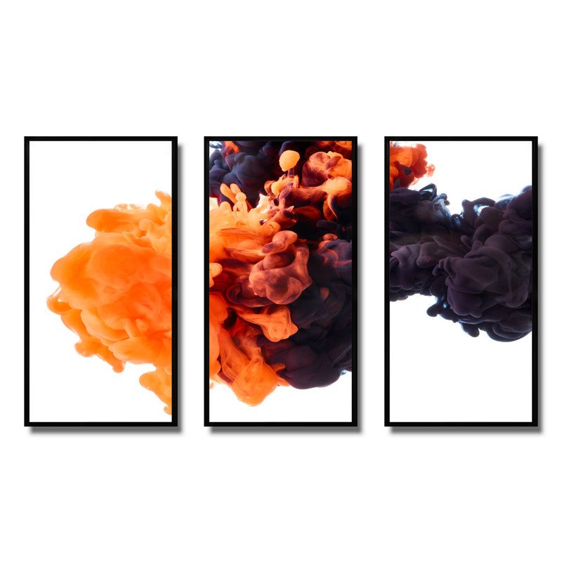 Orange et noir, encre dansante, nuages - ensemble d'art moderne sur toile encadrée moderne de 3, Noir, noir, noir, noir