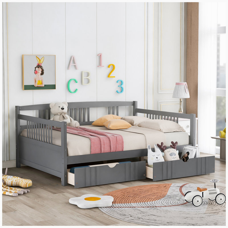 Lit de jour en lattes de bois Anastasia, Double, Gris