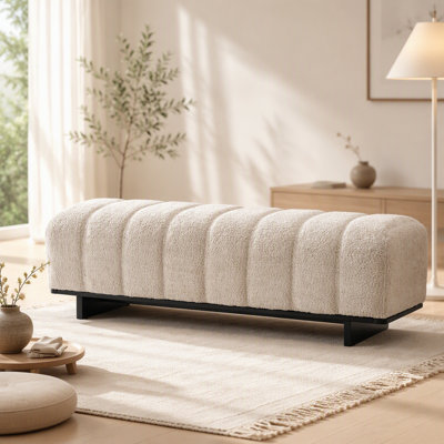Banc de salle à manger d'intérieur, banc en tissu de fausse fourrure beige avec pieds en bois d'hévéa, 250 lb, siège confortable pour la salle à manger / salon