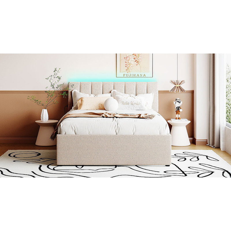Lit plateforme tapissier Teddy, Beige, Lit double