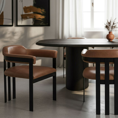 Hazen - Chaise de salle à manger moderne en cuir brun clair et fer noir