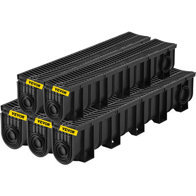 Système de drainage de tranchée, drain de canal avec grille en plastique, tranchée de drainage en PEHD de 5,9 po x 7,5 po, drain de plancher de garage en plastique noir, grille de drainage de tranchée 5 po x 39 po, avec 5 embouts, pour jardin, paquet de 5 allées