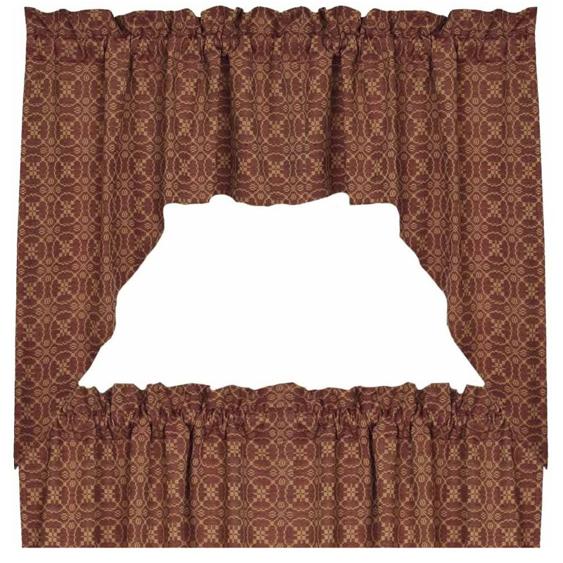 Barn Red and Tan Cotton Jacquard Rod Pocket Swag Valance Set