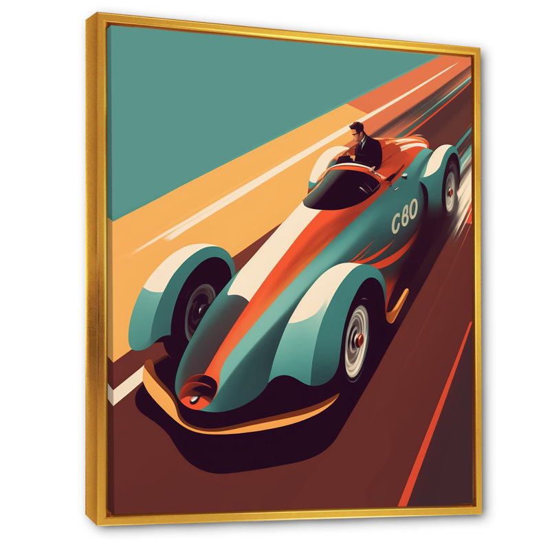Voiture de course rétro bleue - reproduction sur toile, H 20 po x l 12 po x P 1 po, Toile à cadre flottant doré