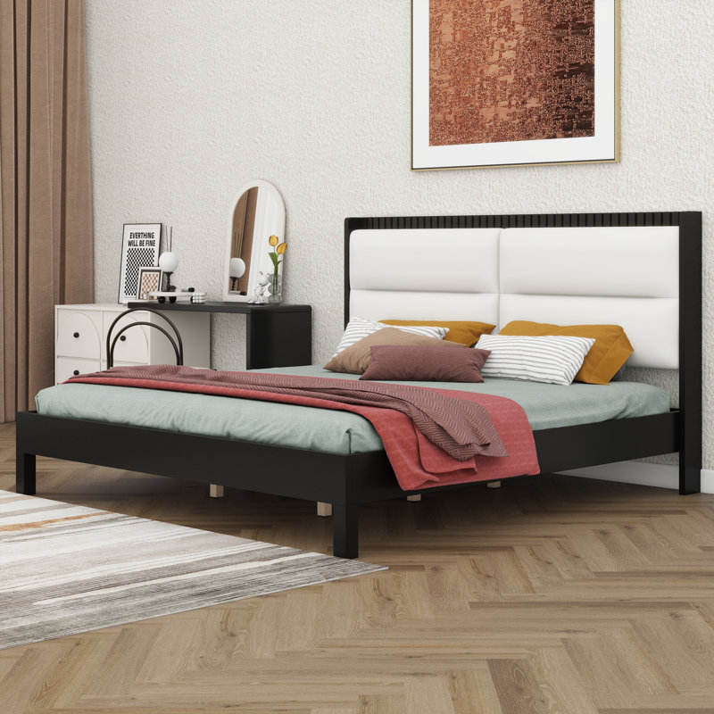 Cadre de lit plateforme en bois avec tête de lit tapissier en velours, cadre de lit moderne Mid-Century, Très grand lit