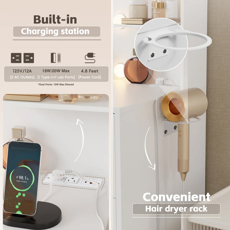 Makeup Vanity With 20W Fast Charging Type-C Outlet And 3 Modes Adjustable Brightness Light, White