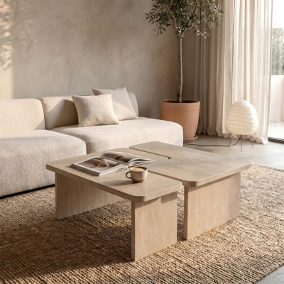 Ensemble de 2 tables basses modulaires en travertin, ensemble de tables gigognes en forme de L, table d'angle séparable pour les petits espaces et le salon