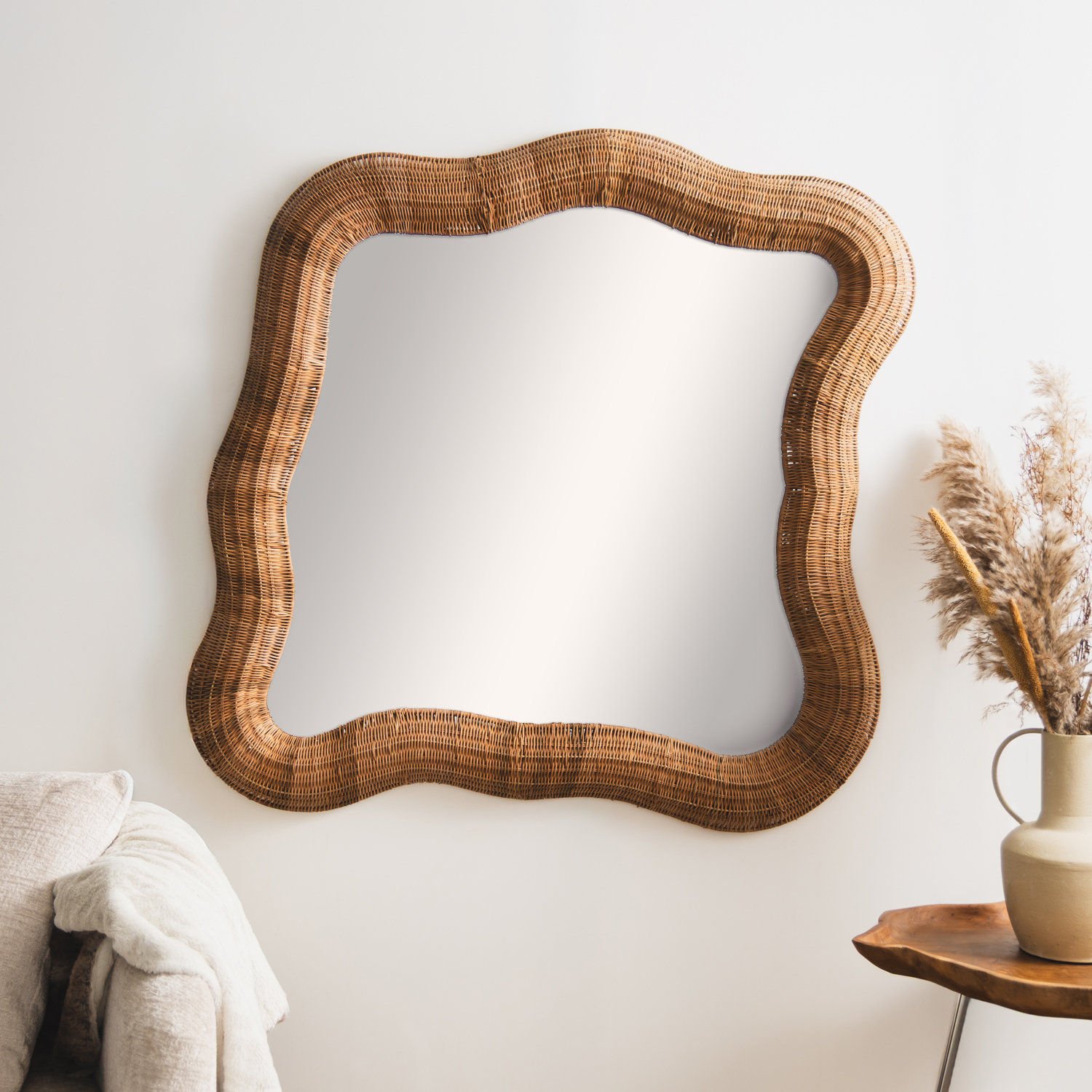 Cole and Grey Seagrass Handmade Woven Beveled Beige Room Wall Mirror