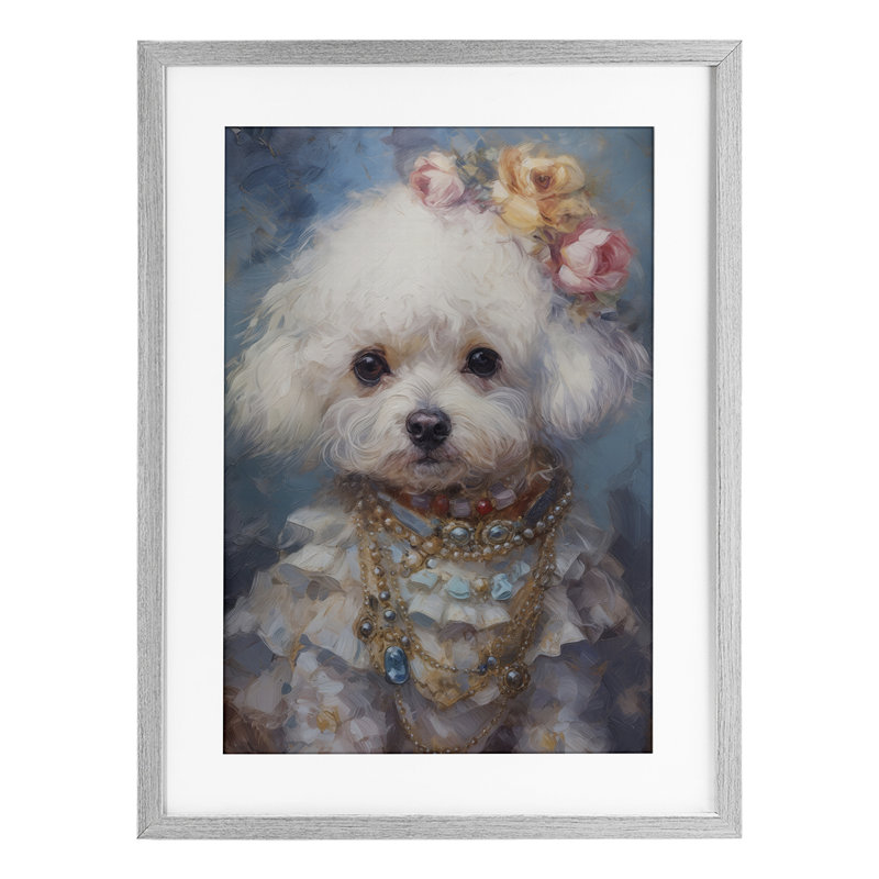 «Victorian Era Bichon Frise», reproduction sous verre encadrée, design par Wumples, H 23 po x l 17 po, Cadre de ferme gris