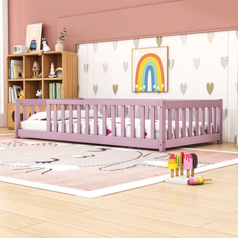 Twin Floor Bed With Safety Guardrails, Pink
