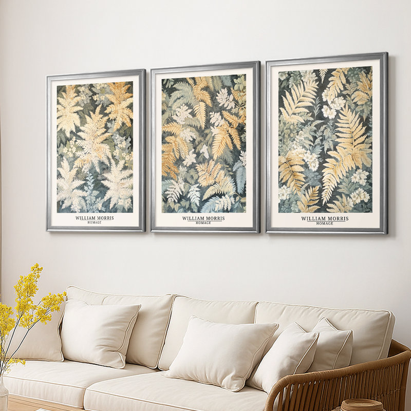 WM MORRIS Series DCCCXVI  -Custom Framed  Wrapped Gallery Canvas - 3 Pieces, Silver, 19" H x 27" W