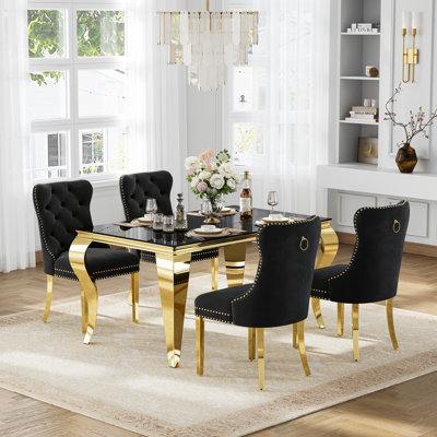 Modern 5-Piece Dining Set, Black Opaque Tempered Glass Dining Table With Mirror Stainless Steel Curved Legs & Velvet Dining Chairs With Tufted Backrest And Nailhead Decoration