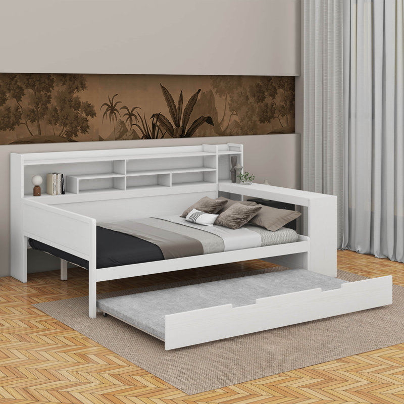 Lit de jour double avec tablettes, lit gigogne et bureau, Blanc antique