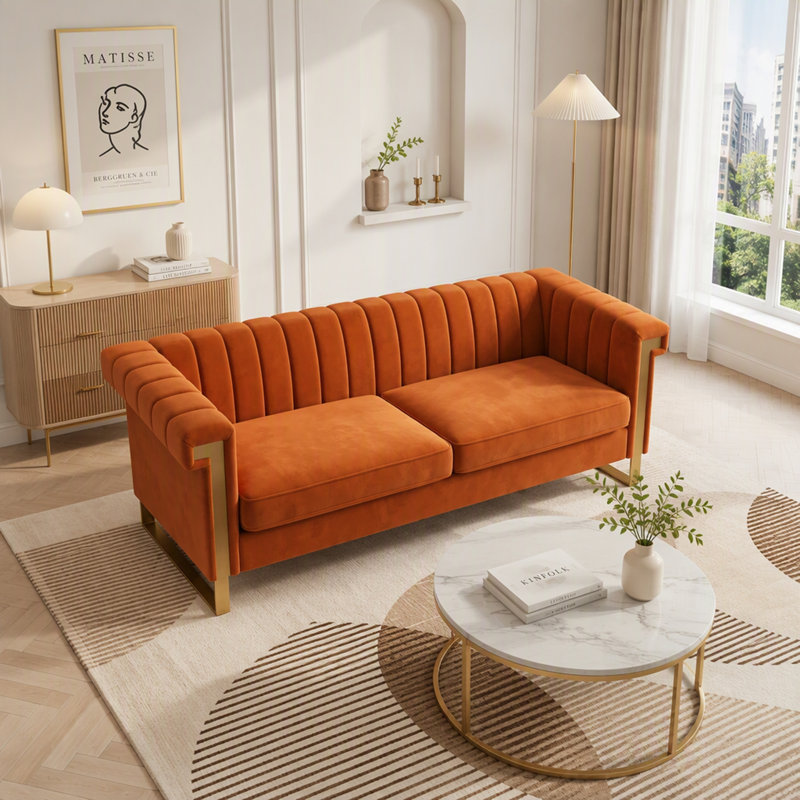 Canapé Chesterfield Mid-Century moderne en velours 3 places avec capitonnage à rainures verticales et accoudoirs et pieds en métal