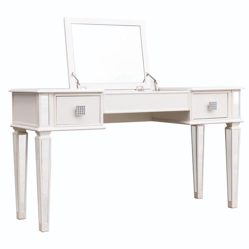 Bureau de coiffeuse en miroir avec tiroirs, ensemble de coiffeuse de chambre à coucher avec miroir et tabouret, coiffeuse rabattable pour chambre / salle de maquillage, bureau de travail