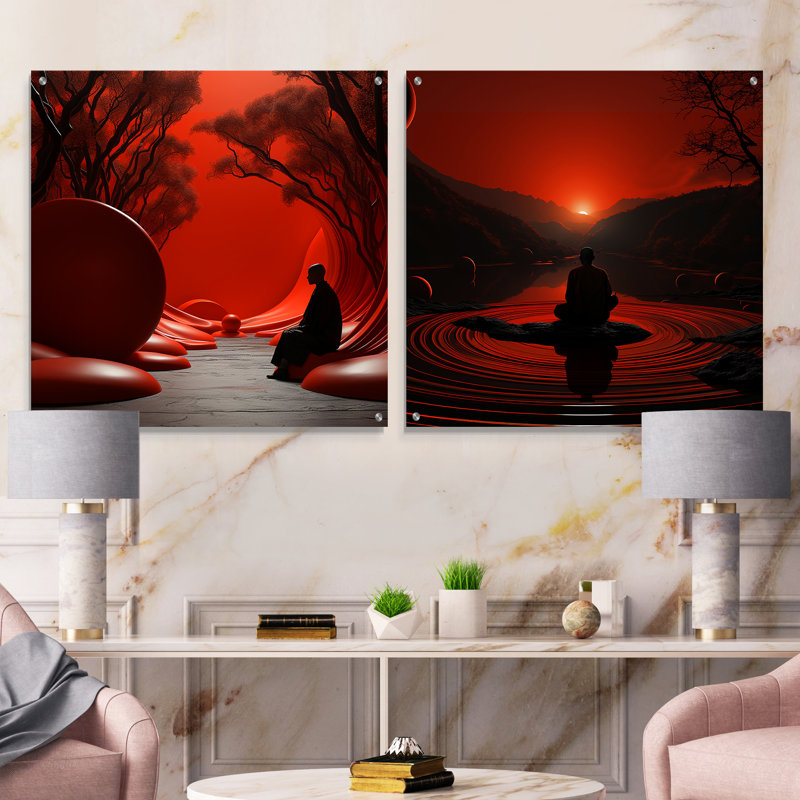 «Mediation Zen Enlightenment - Meditation Acrylique», ensemble d'art mural en verre sur 2, H 36 po x l 73 po