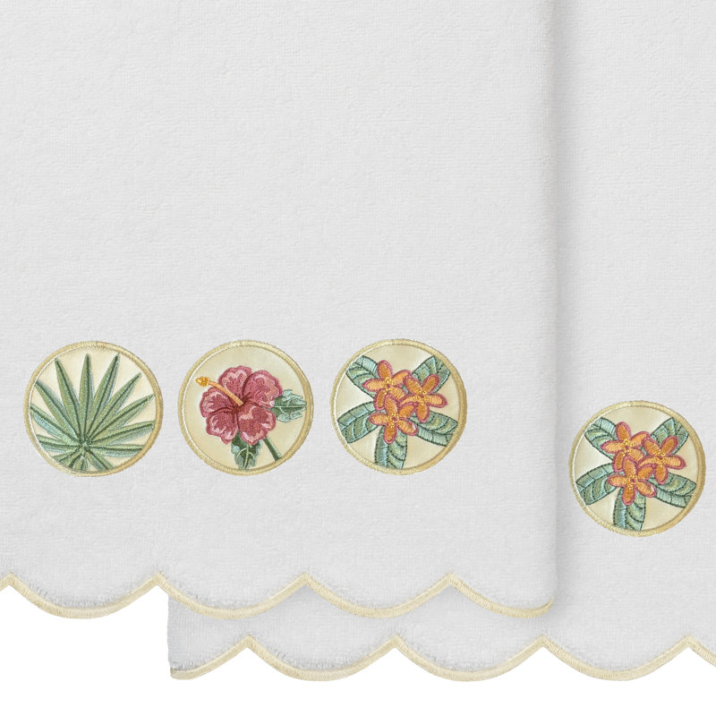  100% Turkish Cotton MAUI Scallop 2PC Embellished Bath Towel Set, Bath Towels - 2 Pack, White/Beige
