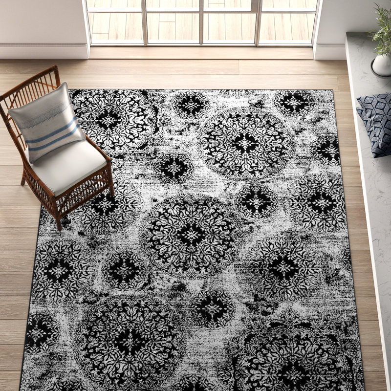 Brandt Floral Area Rug, Rectangle 9' x 12'2", Black/White