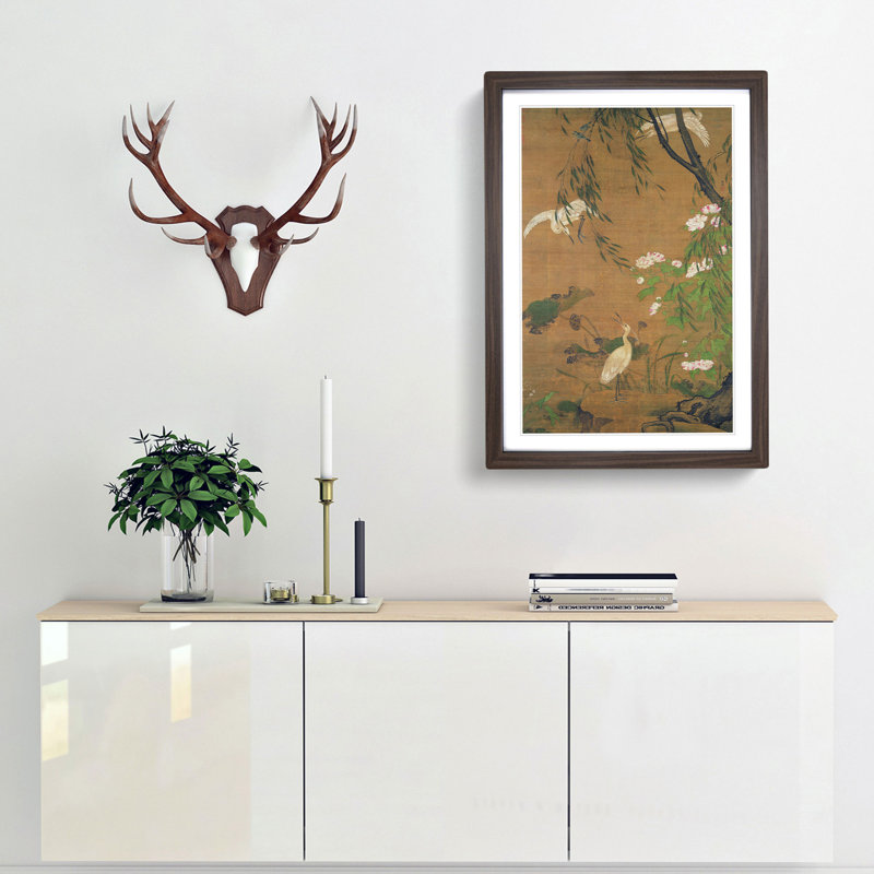 Autumn Egrets & Hibiscus by Lu JI - Single Picture Frame Painting, 33cm H x 24cm W x 2cm D, Walnut  Bordered Framed