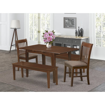 5 Piece Dining Table Set Includes a Rectangle Kitchen Table with Butterfly Leaf and 2 Linen Fabric Dining Chairs with 2 Benches, Mahogany