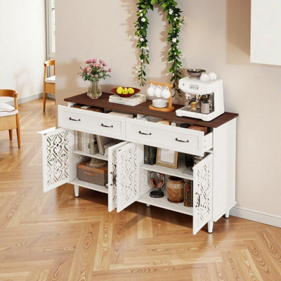 Buffet rétro vintage géométrique ciselé à la main avec 2 tiroirs et 4 portes, pieds réglables