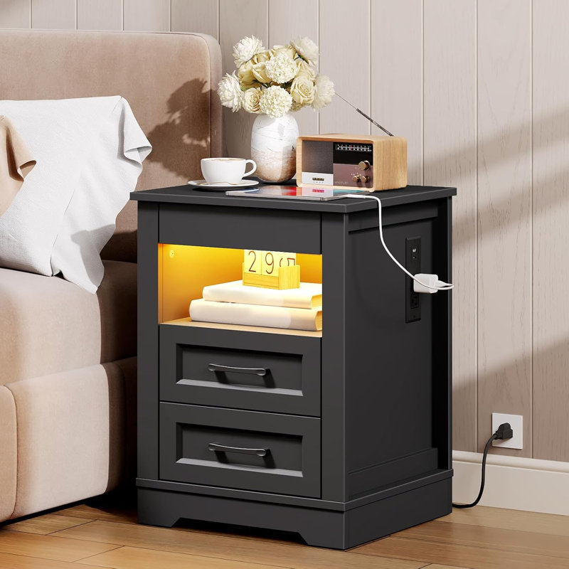  17.7" Farmhouse Nightstand with Gun Drawer, End Table with LED Light & Charging Station, Black