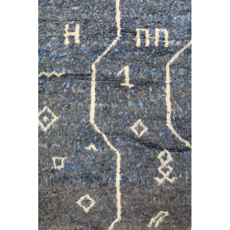 Tapis bleu en laine noué à la main de conception unique nouvel âge 5 pi 6 po x 8 pi 4 po Beni Ouraine