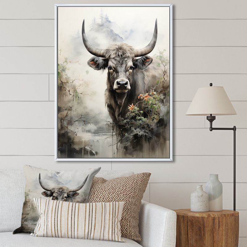 Bedriye, art asiatique, vache Sumi - impression, H 32 po x l 24 po x P 1 po, Cadre flottant blanc