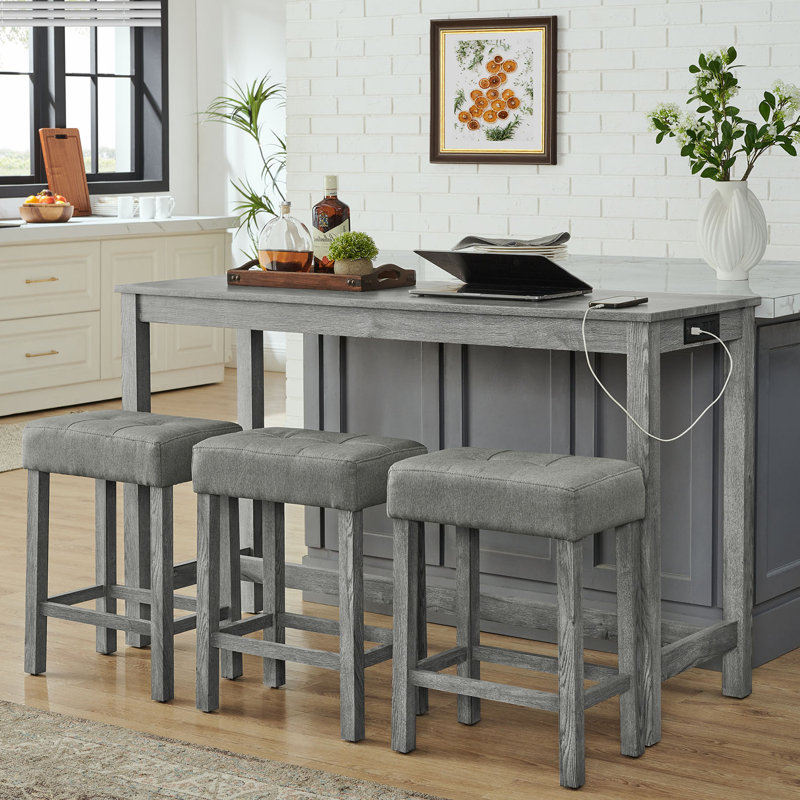 59" W Bar Table Set With Power Outlet, 3 Cushioned Stools, Grey