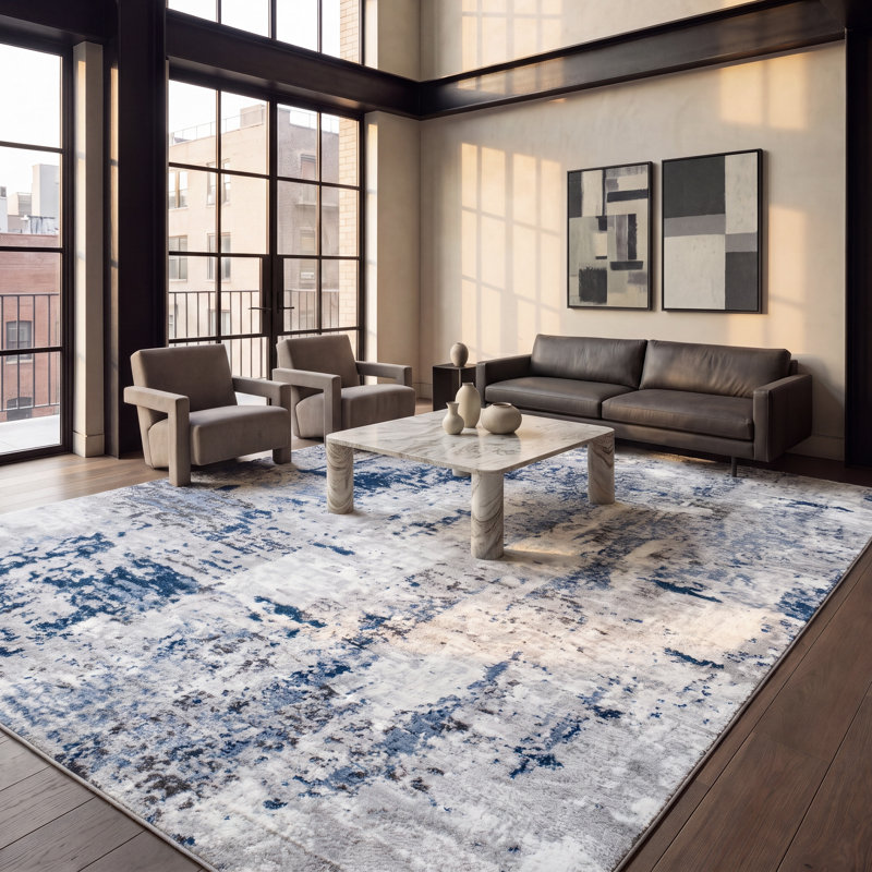 Tapis abstrait gris / bleu Minyard, Rectangle de 10 pi x 14 pi