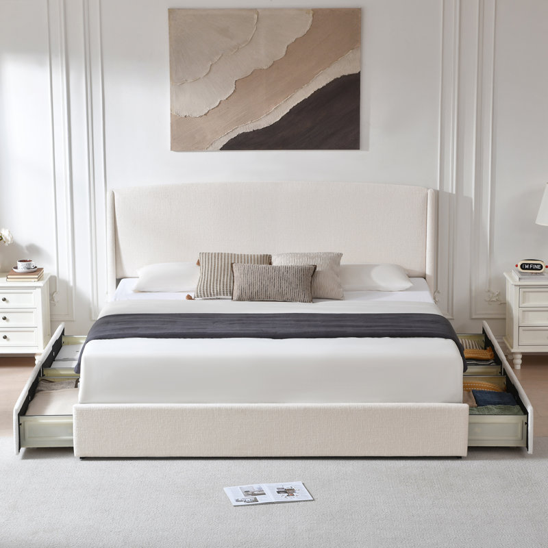 Lit plateforme tapissier avec 4 tiroirs Braya, California King, Beige