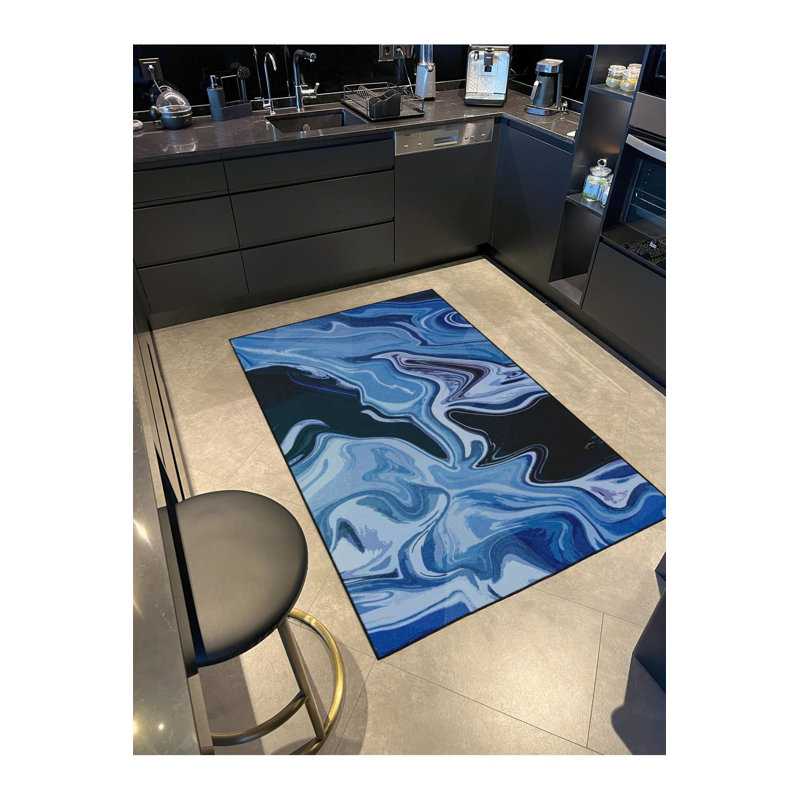 Tapis bleu tissé lavable à la machine, Tapis de couloir 3 pi 3 po x 6 pi 7 po inclus
