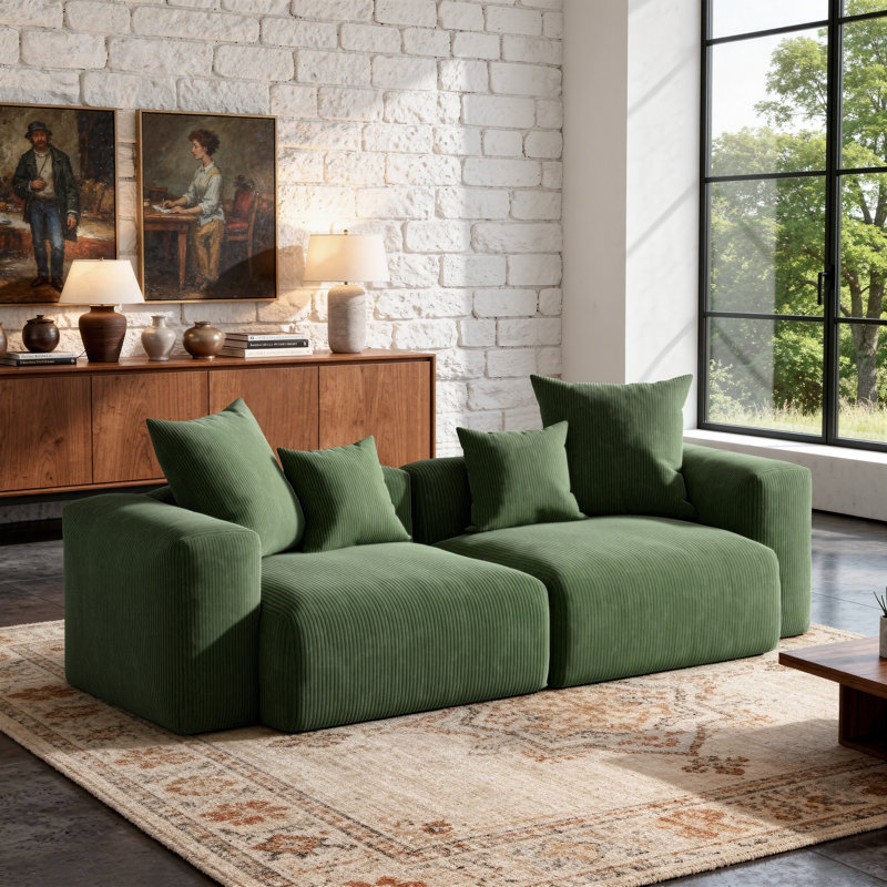 Boneless 2-Piece Upholstered Corduroy Modular Sectional Sofa – Fully Compressed, No Assembly Required, Green