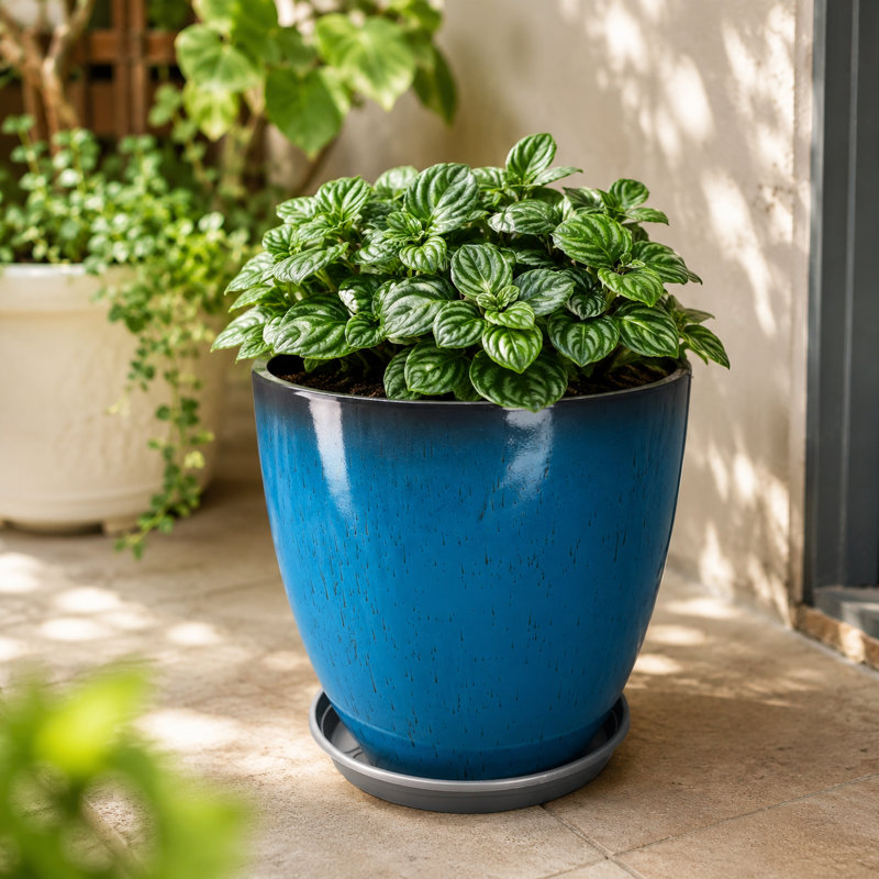 Pot à fleurs intérieur / extérieur en résine synthétique moderne avec soucoupe et écran de drainage, Bleu, Set of 1