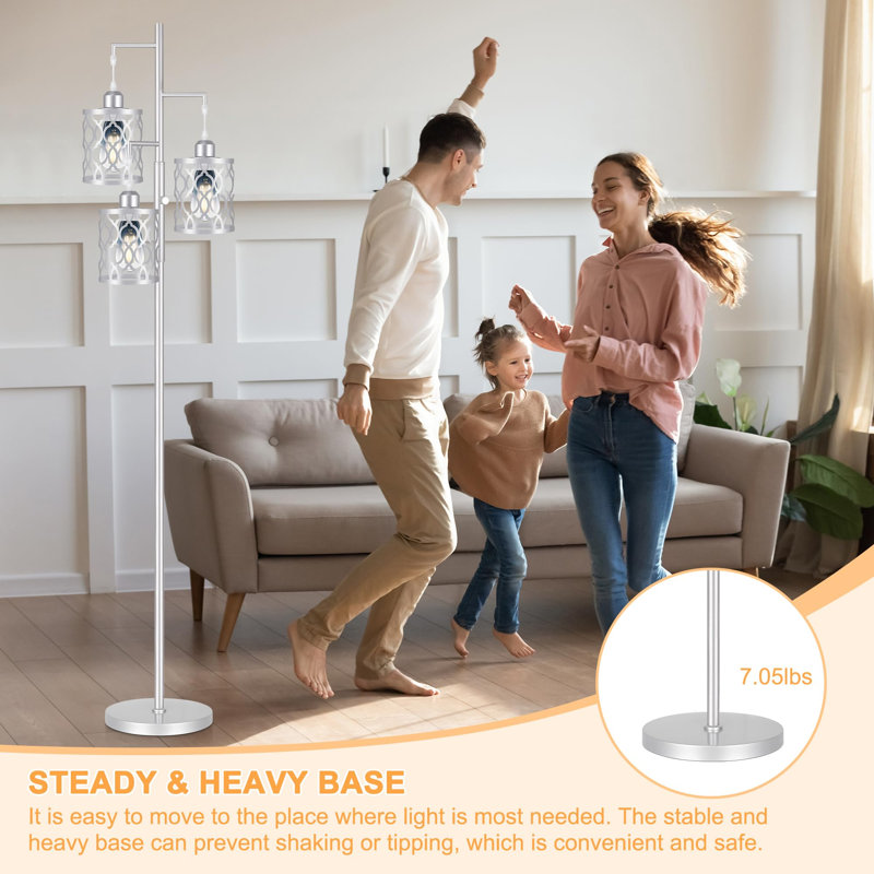 Lampe sur pied 3 lumières, à intensité variable avec interrupteur au pied, cages suspendues industrielles, ampoules DEL incluses