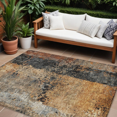 9' X 12' Copper And Black Abstract Washable Indoor Outdoor Area Rug